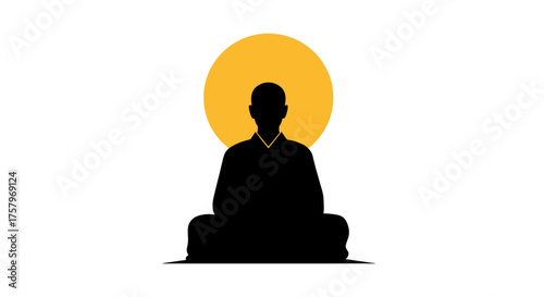 Silhouette of a meditating monk with halo representing spirituality and enlightenment in zen