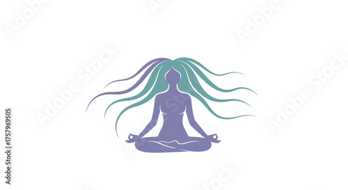 Elegant depiction of a woman in the lotus position with flowing long hair emblem design