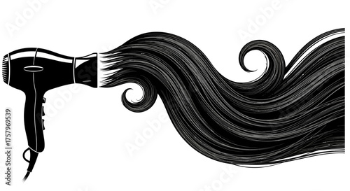 Elegant Hair Dryer with Flowing Hair Illustration for Beauty and Style Concepts