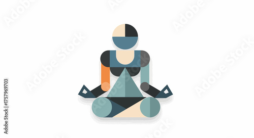 Geometric illustration of a woman meditating in the lotus position on a white background
