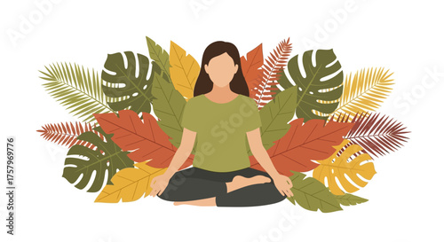 Illustration of a woman meditating surrounded by autumn leaves promoting wellness and tranquility