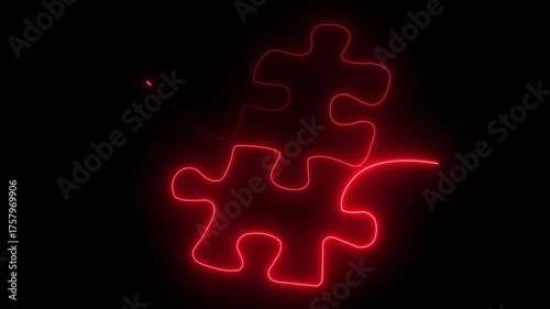 Abstract neon glowing one line Puzzle pieces continuous. Problem solving and solution business metaphor.Jigsaw puzzle piece flat icon for apps and websites.