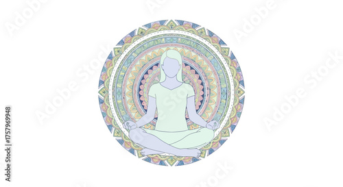Meditating woman in lotus position inside a colorful mandala illustration art style