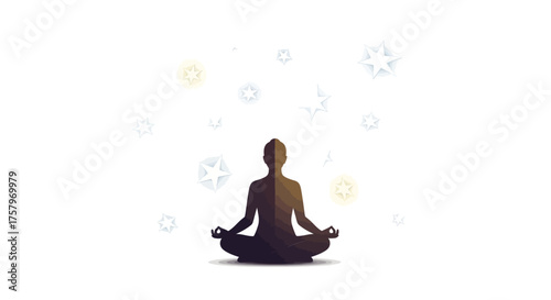 Silhouette of a person in lotus position meditating surrounded by floating stars symbol