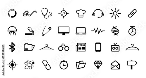 Big Icon Set. Press, Server, Sun, Monitor, Laptop, Mobile, Canvas, Email, Diamond, DNA, WiFi, Football Field, Stethoscope, Cigarette Icons Vector Illustration