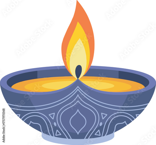 burning candle illustration in ceramic bowl with flame and light design