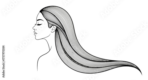 Elegant minimalist line art illustration of a woman with flowing hair showcasing beauty