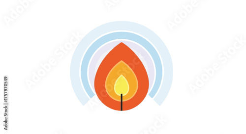 A symbolic flame with a radiant halo evokes warmth, energy and illumination in a minimalist style