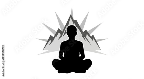 Silhouette meditation in lotus position with mountains symbolizing serenity