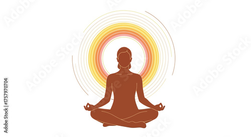 Silhouette of a woman meditating, with a radiant aura, in a lotus position conveying calmness,