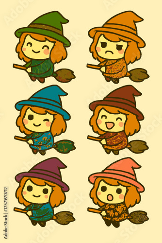 A charming collection of six adorable cartoon witches, each with unique expressions and colorful outfits, happily flying on broomsticks, perfect for Halloween designs.