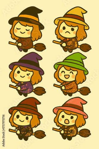 Six cute cartoon witches with varying expressions and hat colors are happily flying on broomsticks, creating a charming Halloween graphic.
