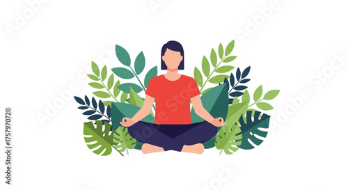 Woman practicing meditation in lotus position surrounded by green leaves illustration