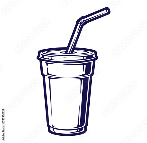 Detailed illustration of a beverage cup with a straw in vintage retro style design