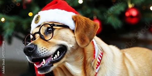 A cute, light brown dog wearing a Santa hat and eyeglasses is captured in a close-up shot, smiling near a brightly decorated Christmas tree.