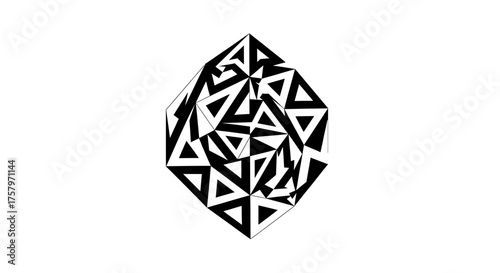 Intricate geometric design featuring black and white triangles in a dynamic arrangement
