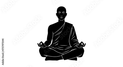 Minimalist depiction of a monk in meditation reaching enlightenment through mindfulness