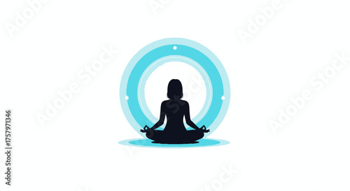 Silhouette of a woman in lotus position meditating with blue circle background