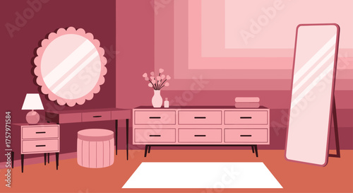 Charming pink bedroom setup for lifestyle blogs and home decor articles, showcasing vanity, mirror and stylish furniture for a modern feminine aesthetic