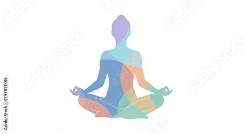 Meditating woman silhouette in lotus position with chakra colors for wellbeing concept