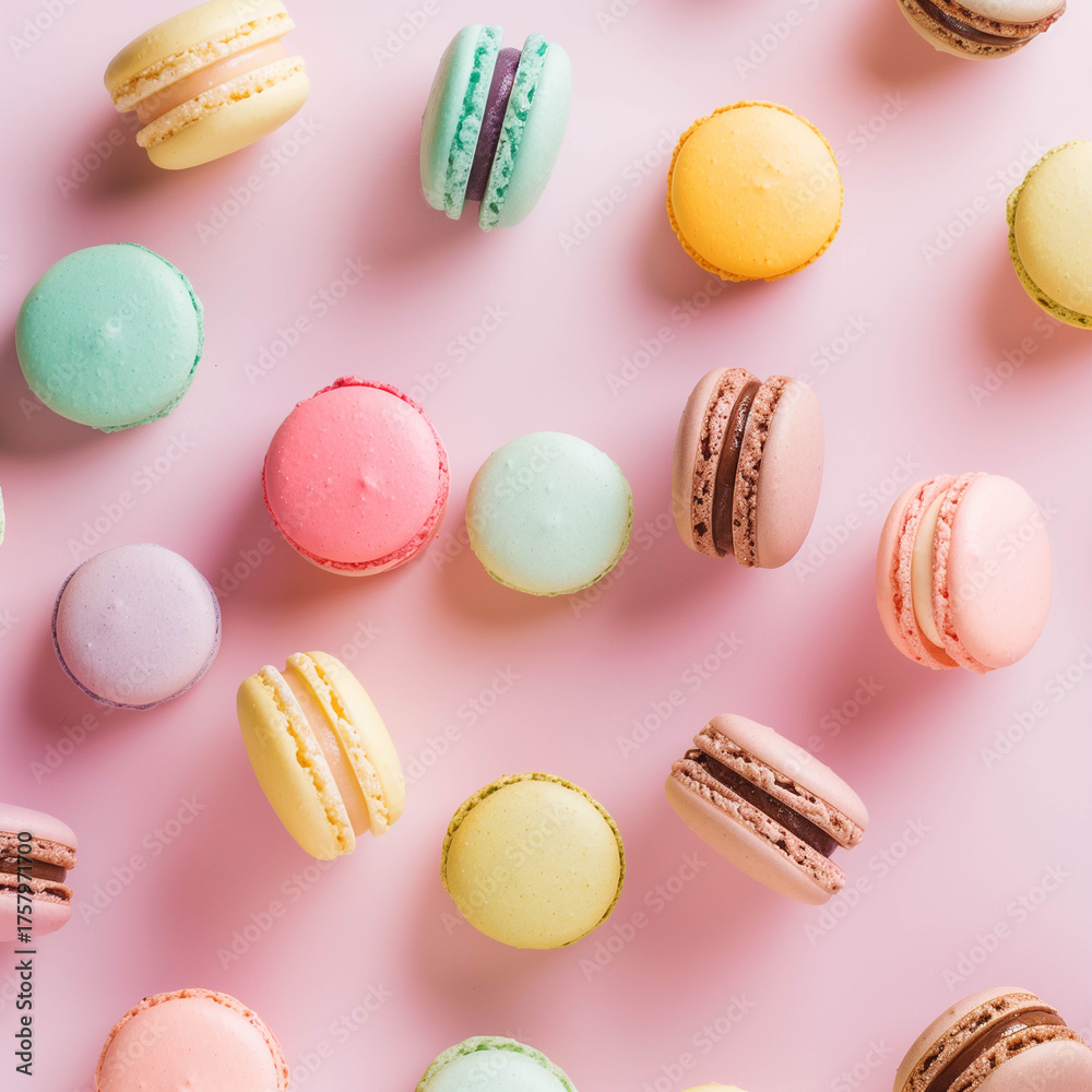 Fototapeta premium Assorted pastel macarons scattered on light pink background in top view arrangement