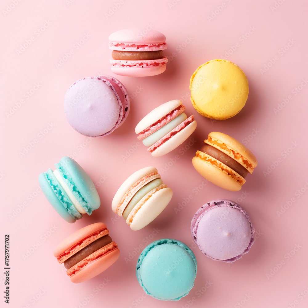 Fototapeta premium Assorted pastel macarons scattered on light pink background in top view arrangement