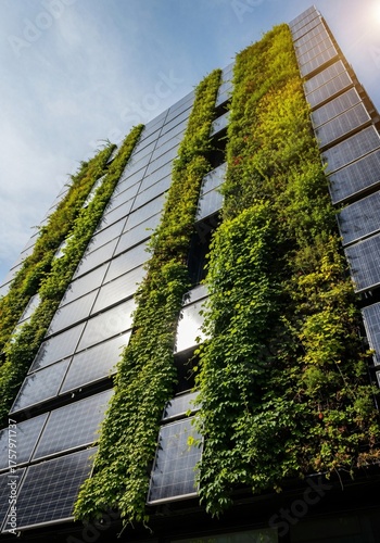 Building facade covered with solar panels and green vertical garden