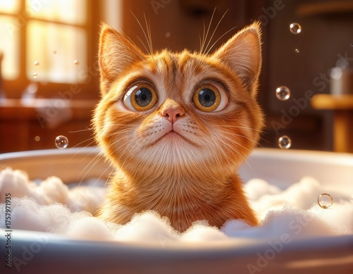Cute cat enjoys a bubble bath with a foam crown in a cozy bathroom setting at home during the evening