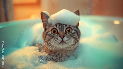 A fluffy cat sits in a bathtub filled with bubbles, wearing a playful foam crown. The warm lighting creates a peaceful atmosphere, making it a relaxing moment for the pet.