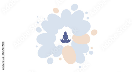 Silhouette of a woman in a yoga pose amidst abstract pastel shapes illustration