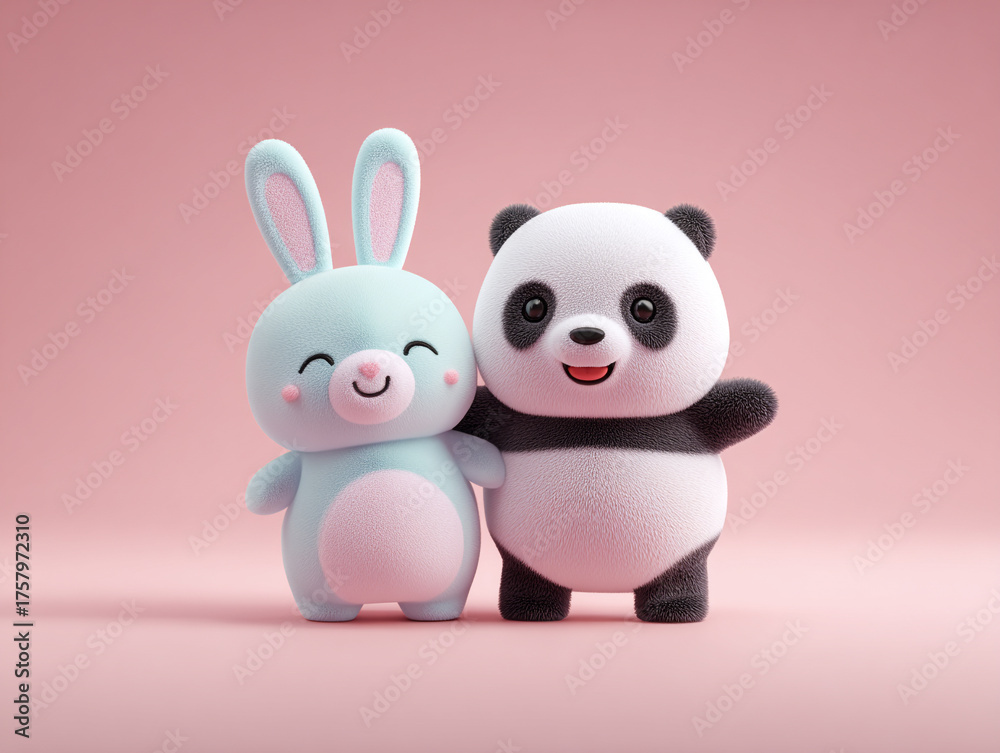 Obraz premium Cute panda and rabbit characters standing together, showcasing joyful friendship in soft, pastel colored setting