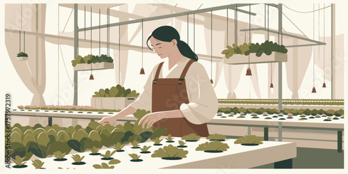 Woman working in a greenhouse, tending to plants and crops in a sustainable farming environment