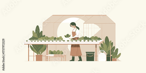 Woman tending to hydroponic plants in a modern greenhouse, illustrating sustainable urban farming and eco-friendly food production practices