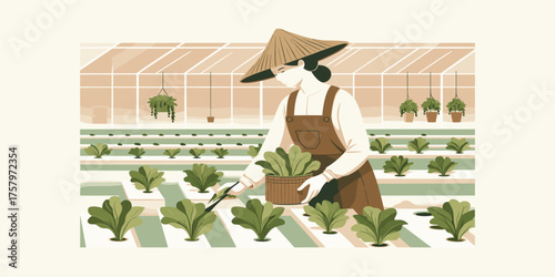 A person in a conical hat tending to plants in a greenhouse, illustrating sustainable agriculture and organic farming practices