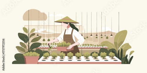 A conceptual illustration of a female farmer in a modern greenhouse using hydroponic technology for sustainable agriculture