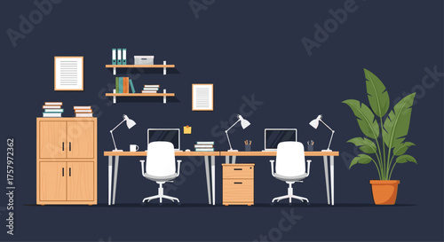 A productive workspace with this modern office setup featuring desks, chairs, storage, and a vibrant plant for a touch of nature and enhanced well being