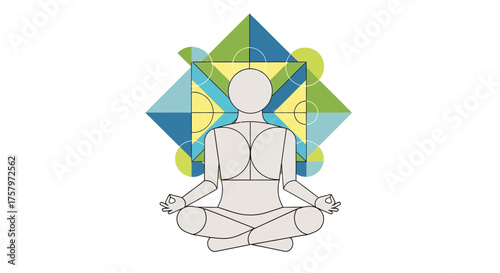 Abstract illustration featuring a person in lotus position meditating with geometric shapes