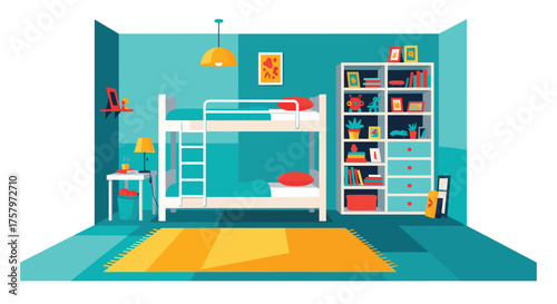 Stylish kid's room with bunk bed and bright decor creates a fun, inviting space for childhood adventures, perfect for children's books, family content, and design ads