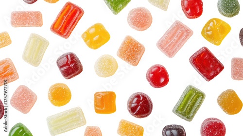 Display of Mixed Sour Candies and Gummies Spread Randomly on Transparent Background