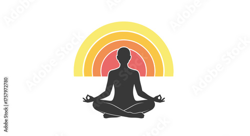 Silhouette of a person meditating under a colorful rainbow in a peaceful scene