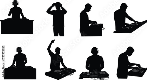 DJ silhouettes vector set with music performance, turntables, headphones, party dance, nightclub entertainment, electronic sound, festival illustration design