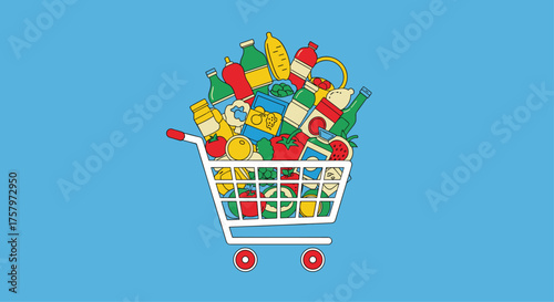 Vibrant grocery cart brimming with colorful produce and packaged goods against a delightful blue backdrop, conveying freshness, health, and abundance