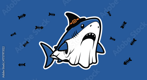 Cute shark dressed as a ghost floats among fish bones on blue canvas, creating a spooky yet adorable halloween scene.