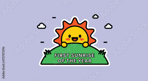 Smiling sun peeks over green hill on a bright day, celebrating the first sunrise of the year with a cheerful and optimistic vibe.