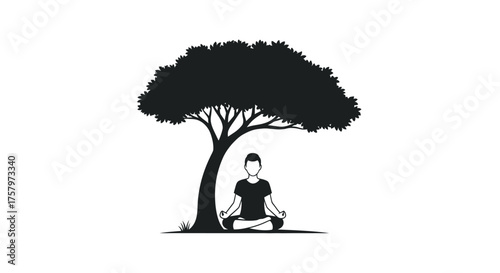 Silhouette illustration of a person meditating under a tree symbolising mindfulness and peace in