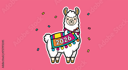Festive llama wearing colorful poncho celebrates the year 2026 against a bright pink backdrop with scattered confetti, creating a fun and celebratory atmosphere.