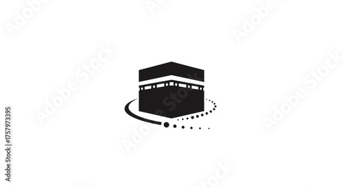Minimalist black and white depiction of the Kaaba with orbiting particles symbolizing spiritual