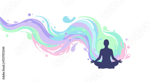 Silhouette meditation with colorful aura, promoting mindfulness and inner peace with vibrant