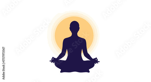 Silhouette of person in lotus position meditating against sun illustration artwork