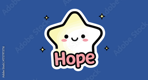 Cute star character smiles brightly with the word Hope on a blue backdrop, radiating positivity and spreading a message of encouragement.